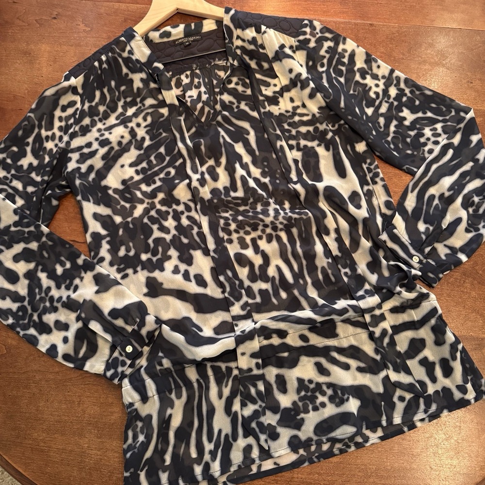 Albert Makali Women Blouse Blue Animal Print Chiffon Medium Banded Waist Sheer